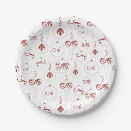Berry Red Monogram Bauble Pattern Runde Weihnachte Pappteller