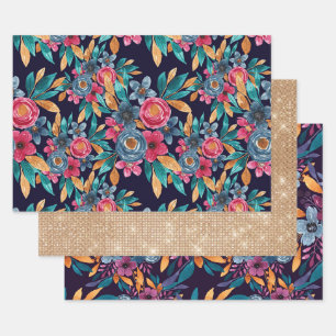 Berry Red Navy Mustard Watercolor Blume Art Geschenkpapier Set