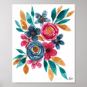 Berry Red Navy Mustard Watercolor Blume Art Poster