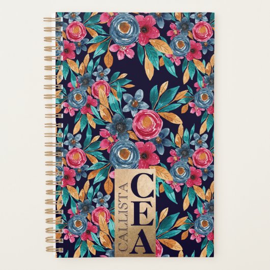 Berry Red Navy Mustard Watercolor Blume Monogram Planer (Vorderseite)