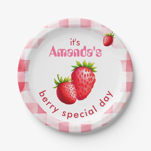 Berry Special Day Strawberry Retro Gingham Pappteller (Vorderseite)