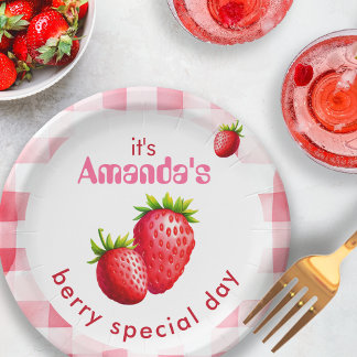 Berry Special Day Strawberry Retro Gingham Pappteller