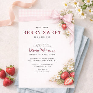 Berry süße Erdbeer-Schleife-Gingham-Baby-Party Einladung