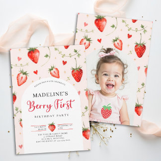 Berry süße Erdbeere Süße Foto 1. Geburtstag Einladung