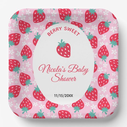 Berry süße rosa Erdbeerbaby-Party Pappteller (Vorderseite)