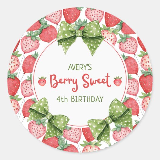 Berry Sweet 4th Birthday Strawberry Party Runder Aufkleber (Vorderseite)