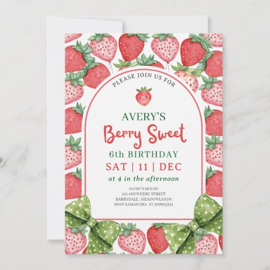 Berry Sweet 6th Birthday Strawberry Invitation Einladung (Vorderseite)