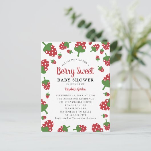 Berry Sweet Baby Dusche Einladung Niedlich Strawbe Postkarte (Stehend Vorderseite)