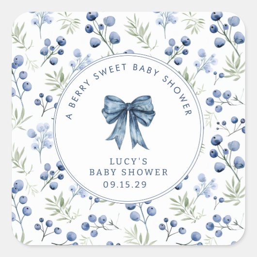 Berry Sweet Baby Shower Blueberry Bow Quadratischer Aufkleber (Vorderseite)