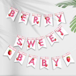 Berry Sweet Baby Shower Erdbeer Gingham Rosa Wimpelkette