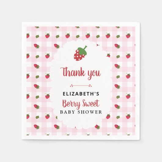Berry Sweet Baby Shower Erdbeer Gingham Serviette (Vorderseite)