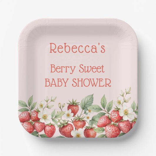 Berry Sweet Baby Shower Strawberries Blossom Pappteller (Vorderseite)