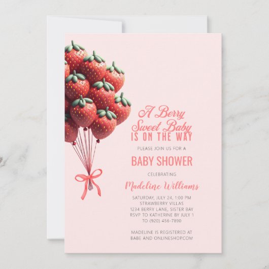 Berry Sweet Baby Strawberry Balloons Babydusche Einladung (Vorderseite)
