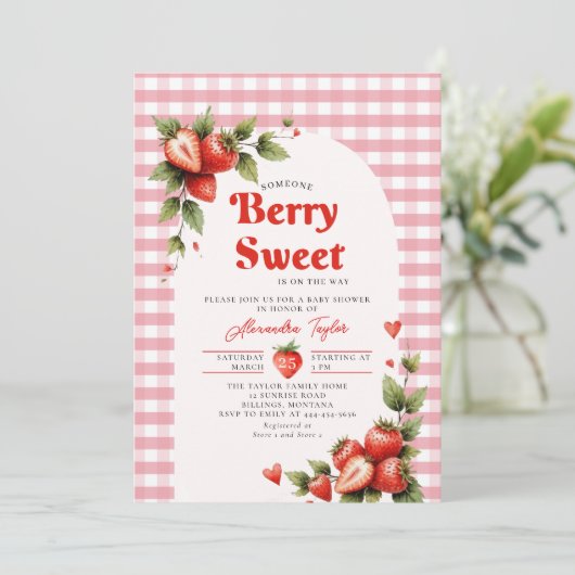 Berry Sweet Berries Garden Gingham Baby Shower Einladung (Stehend Vorderseite)