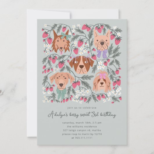 Berry Sweet Birthday Party | Strawberry Dogs Einladung (Vorderseite)