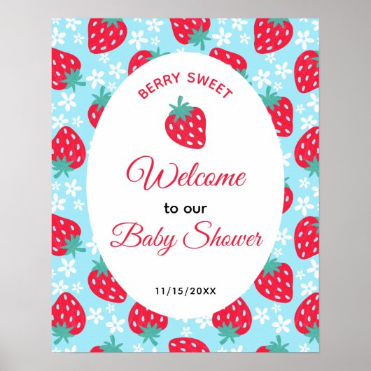 Berry Sweet Blue Strawberry Baby Shower Welcome Poster (Vorne)