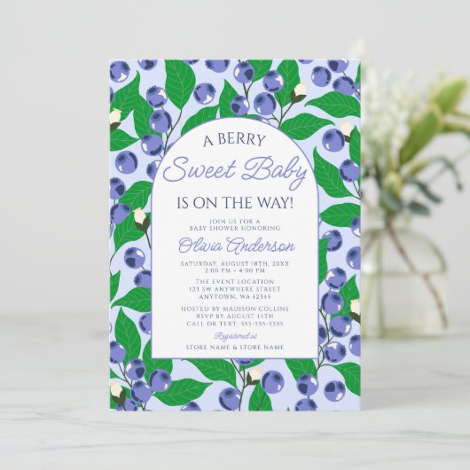 Berry Sweet Blueberry Arch Baby Dusche Einladung (Stehend Vorderseite)