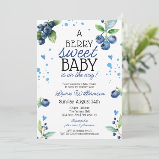 Berry Sweet Blueberry Baby Shower Einladung (Stehend Vorderseite)