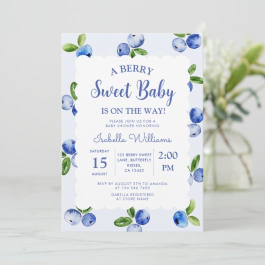 Berry Sweet Blueberry Boy Baby Shower Einladung (Stehend Vorderseite)