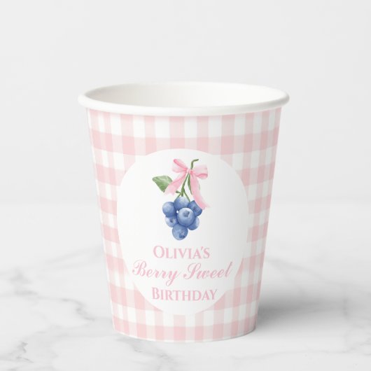 Berry Sweet Blueberry Geburtstag Pink Bow Gingham Pappbecher (Vorderseite)