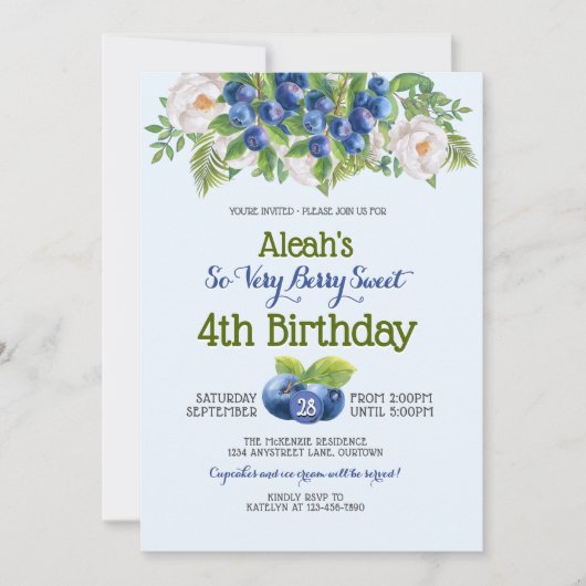 Berry Sweet Blueberry Theme Girl's Birthday Party Einladung (Vorderseite)