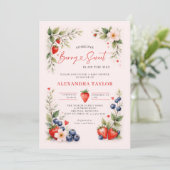 Berry Sweet Botanical Art Pink Girl Baby Shower Einladung (Stehend Vorderseite)