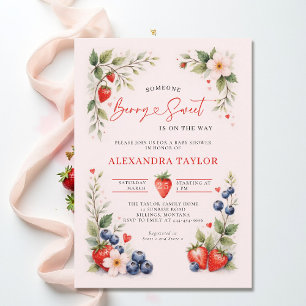 Berry Sweet Botanical Art Rosa Mädchen-Baby-Party Einladung