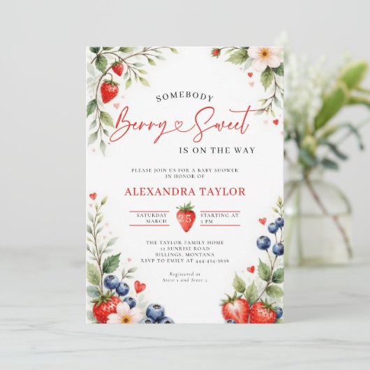 Berry Sweet Botanical Berries Script Baby Shower Einladung (Stehend Vorderseite)