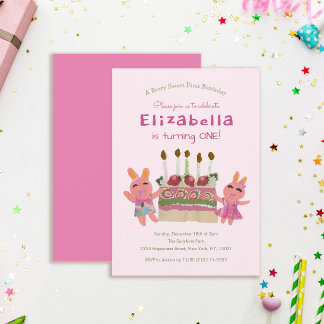 Berry Sweet Bunnies Baby Pink Erster Geburtstag Einladung