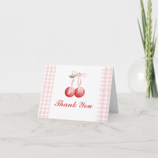 Berry Sweet Cherry Geburtstag Pink Bow Gingham Dankeskarte (Vorderseite)