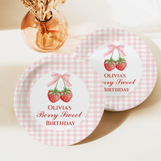 Berry Sweet Erdbeere Geburtstag Pink Bow Gingham Pappteller