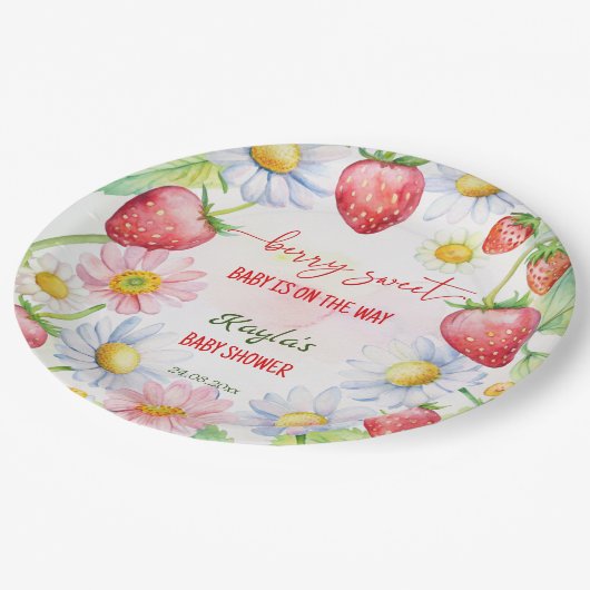 Berry Sweet Erdbeeren Babydusche bedruckt Pappteller (Schrägansicht)