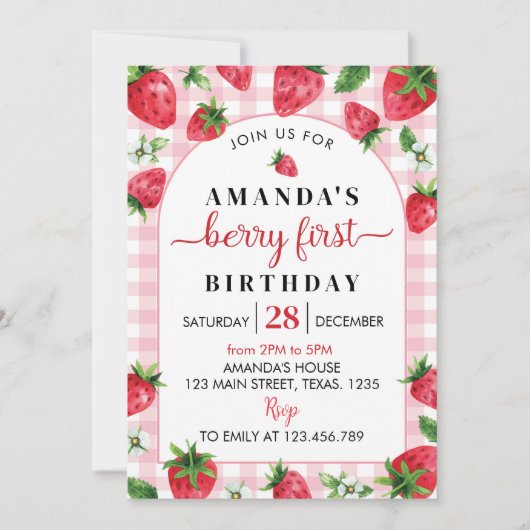 Berry Sweet Erstgeburt Einladung Strawberry (Vorderseite)