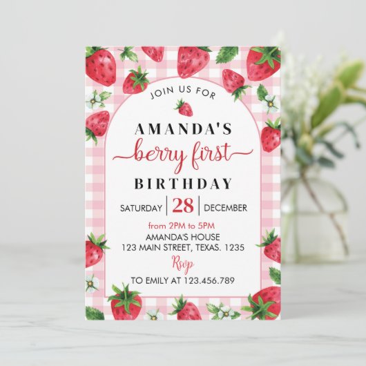 Berry Sweet Erstgeburt Einladung Strawberry (Stehend Vorderseite)