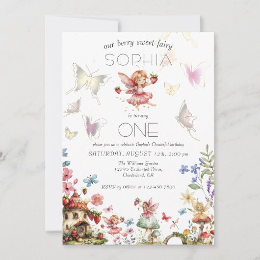 Berry Sweet Fairy Magic Strawberry Garden Geburtst Einladung (Vorderseite)