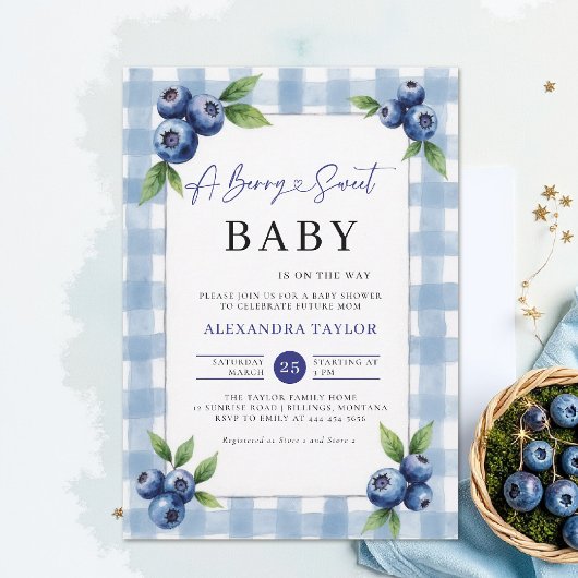 Berry Sweet Gingham Blue Farm Chic Baby Shower Einladung