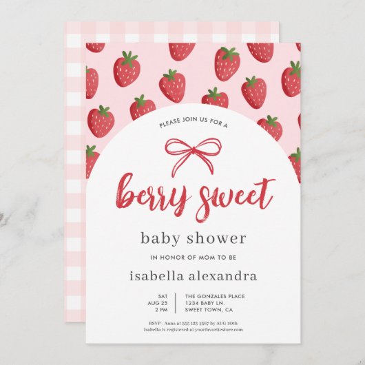 Berry Sweet Girl Pink Bow Strawberry Baby Dusche Einladung (Vorne/Hinten)