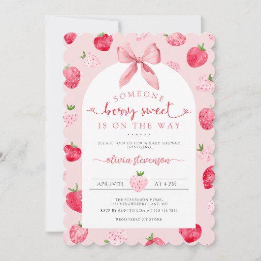 Berry Sweet Girl QR Code All in One Baby Shower Einladung (Vorderseite)