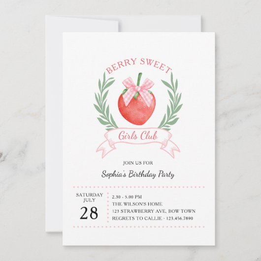 Berry Sweet Girls Club Strawberry Bow Birthday Einladung (Vorderseite)