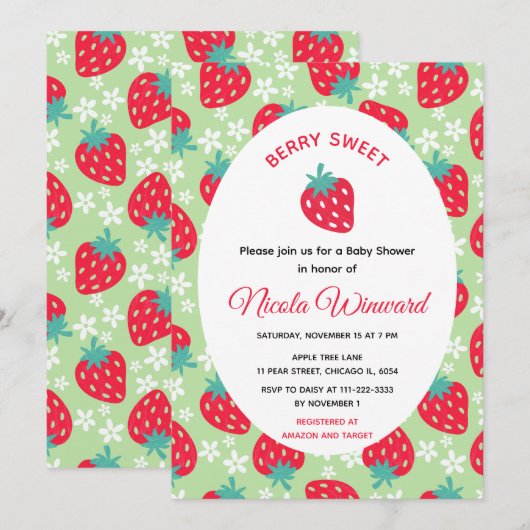 Berry Sweet Green Strawberry Baby Shower Einladung (Vorne/Hinten)