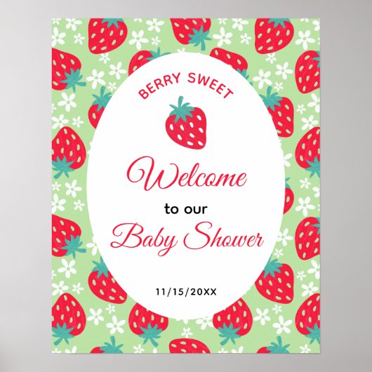 Berry Sweet Green Strawberry Baby Shower Welcome Poster (Vorne)