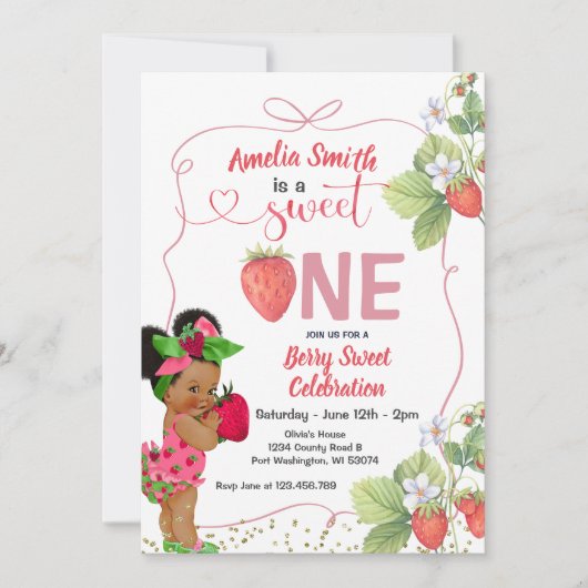 Berry Sweet ONE Strawberry Handziehen 1. Geburtsta Einladung (Vorderseite)