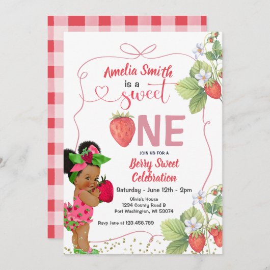 Berry Sweet ONE Strawberry Handziehen 1. Geburtsta Einladung (Vorne/Hinten)