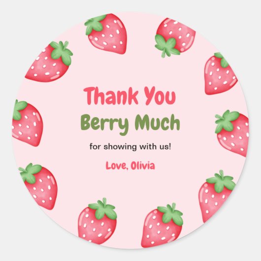 Berry Sweet Pink Strawberry Baby Dusche Vielen Dan Runder Aufkleber (Vorderseite)