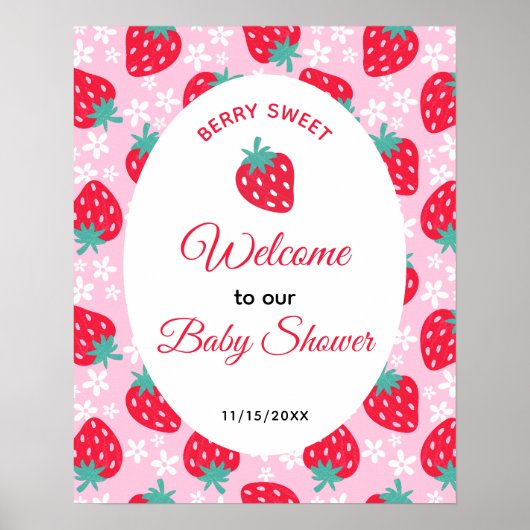 Berry Sweet Pink Strawberry Baby Shower Welcome Poster (Vorne)