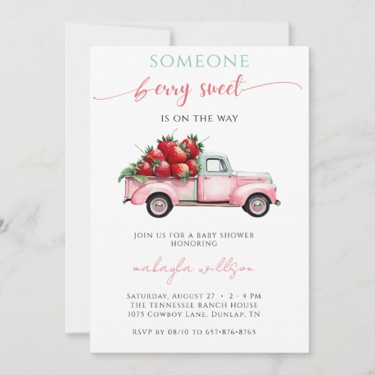 Berry Sweet Pink Truck Red Erdbeere Baby Dusche Einladung (Vorderseite)