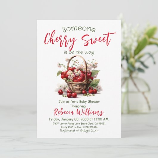 Berry Sweet Red Girl Cherry Baby Shower Einladung (Stehend Vorderseite)