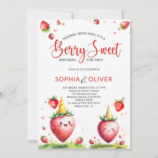 Berry Sweet Strawberries Joint 2 Siblings Birthday Einladung (Vorderseite)