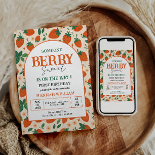 Berry Sweet Strawberry 1. Geburtstagsfeier Einladung