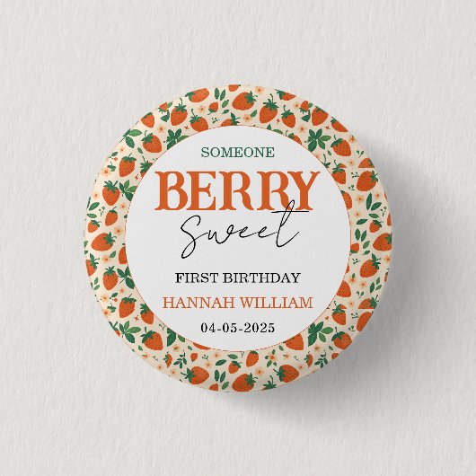 Berry Sweet Strawberry 1st Birthday Party Button (Vorderseite)